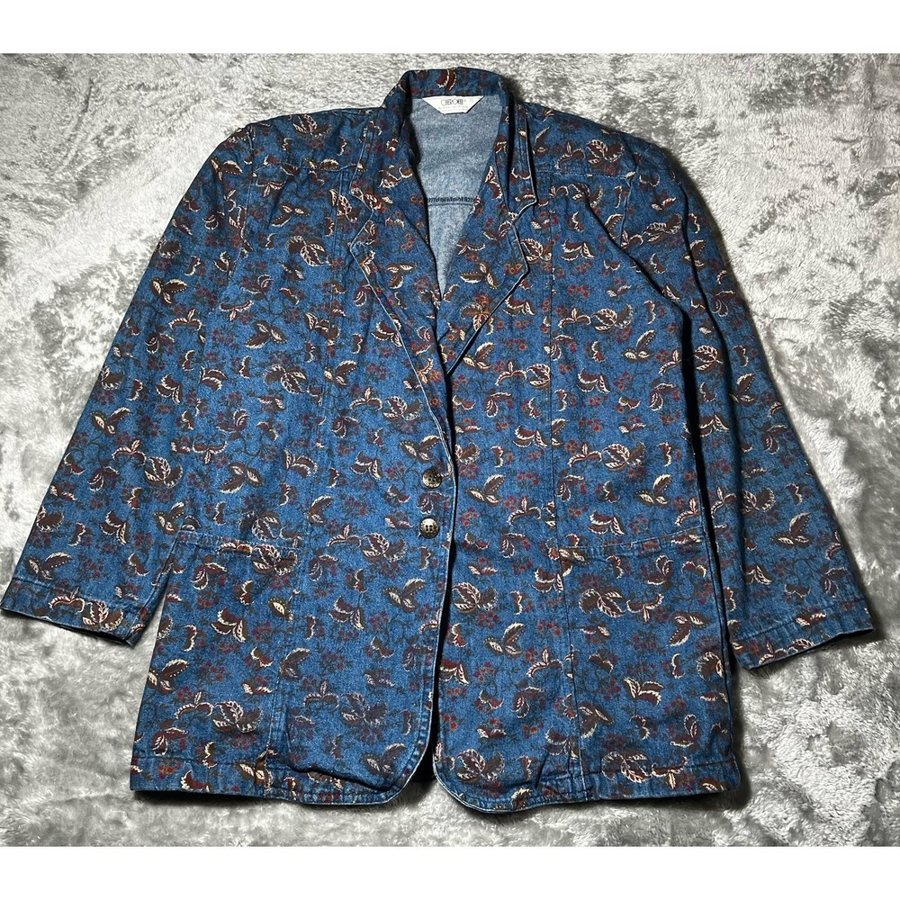 Cherokee Blazer Women Size Small Blue Feather Pattern Jacket Button USA 80s